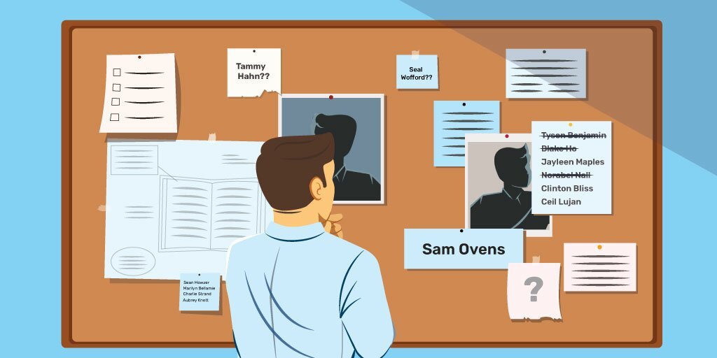 A thinking book author standing in front of a pinboard with several pen names to choose from