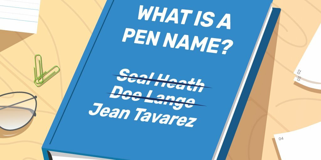 A blue book titled "What is a Pen Name?" and several pen name examples below the title