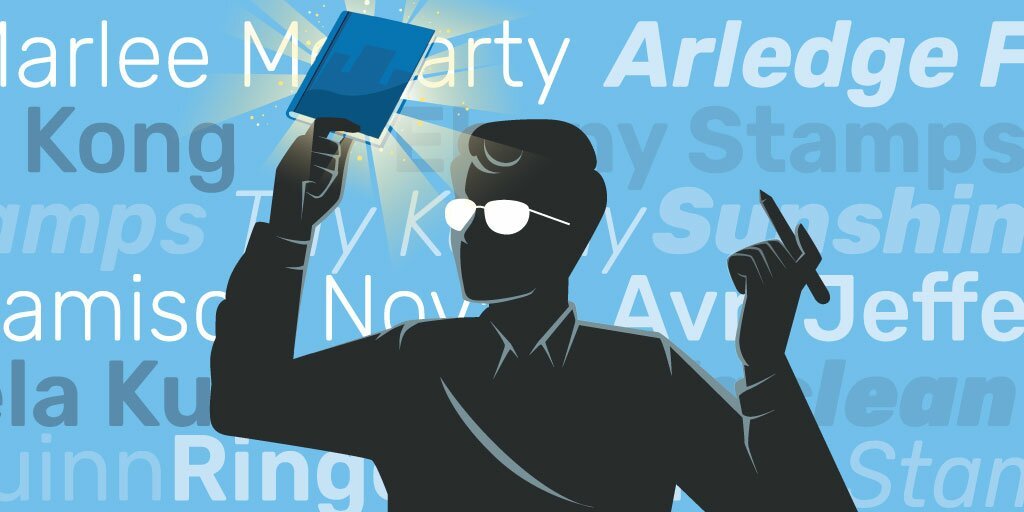 Shadow figure of a book author holding up a glowing book.in front of a blue background of multiple pen names