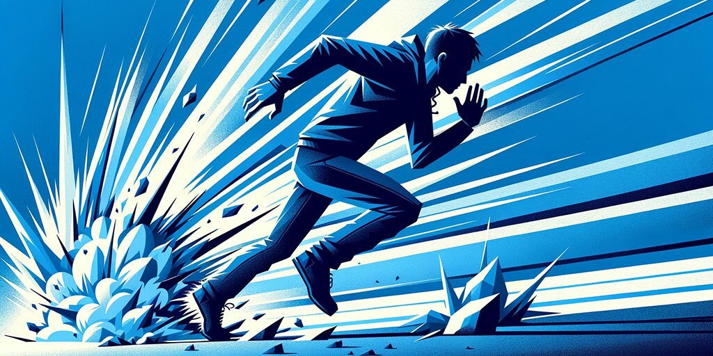 Person running fast with epic explosion in the background.