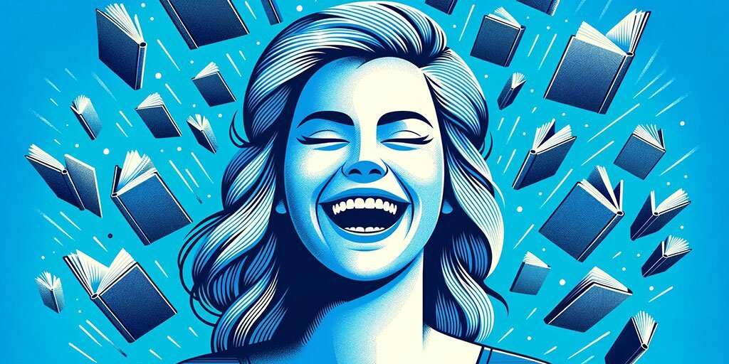 Laughing woman surrounded by flying books, feeling joyful